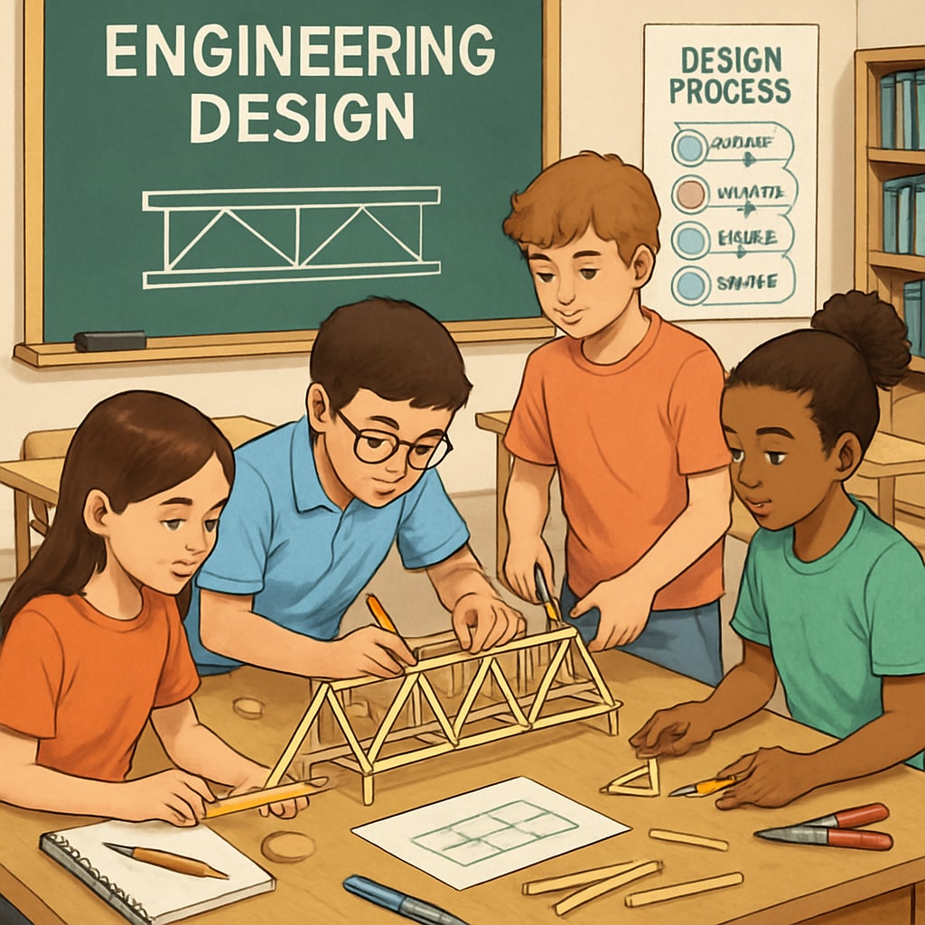 A classroom setting with students engaged in a hands-on engineering design project, such as building a simple bridge model. Students working on a bridge-building project to foster engineering design thinking in K12 education.