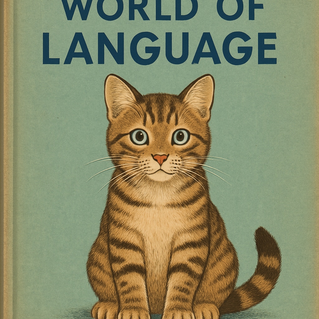 A vintage World of Language textbook with a cat cover, highlighting its nostalgic charm.