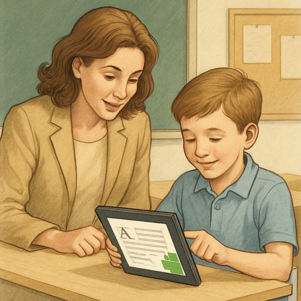 A teacher assisting a young student using the Android reading app in a classroom setting. The image highlights the educational potential of the app in real-life scenarios. Teacher and student exploring an Android reading app together