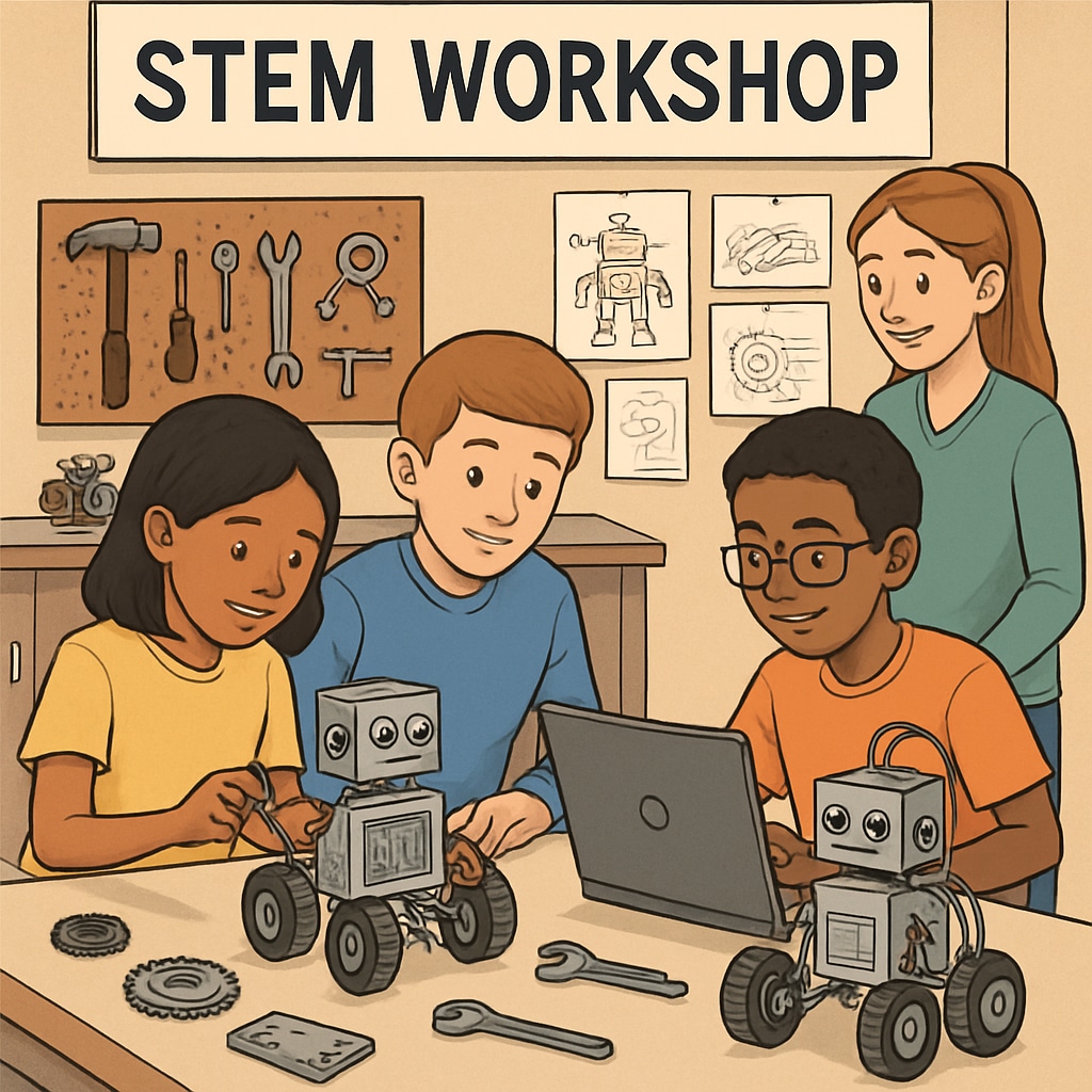 A STEM workshop where students are working collaboratively on a robotics project, showcasing teamwork and hands-on learning. Students collaborating on a robotics project to develop engineering design skills.