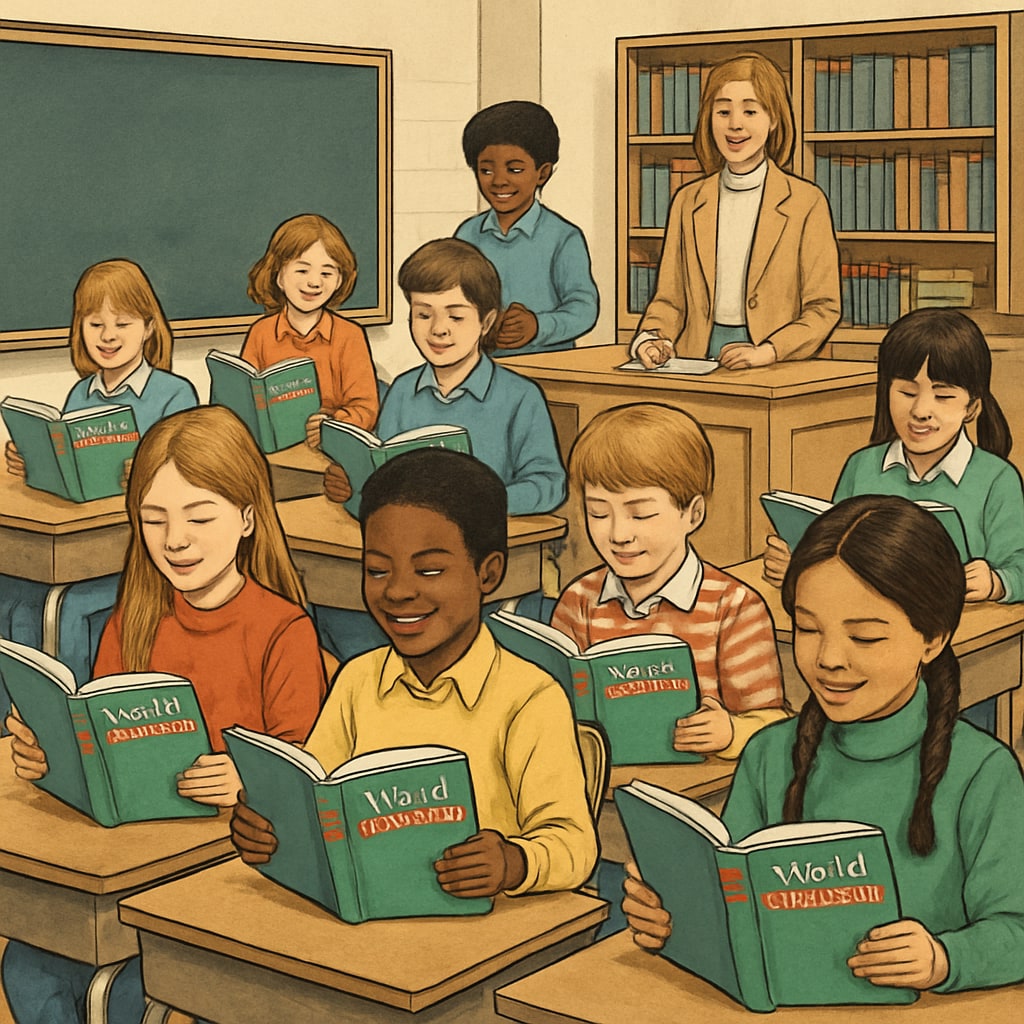 A classroom scene from the 1980s where students are using textbooks similar to the 1980s classroom with students using textbooks like
