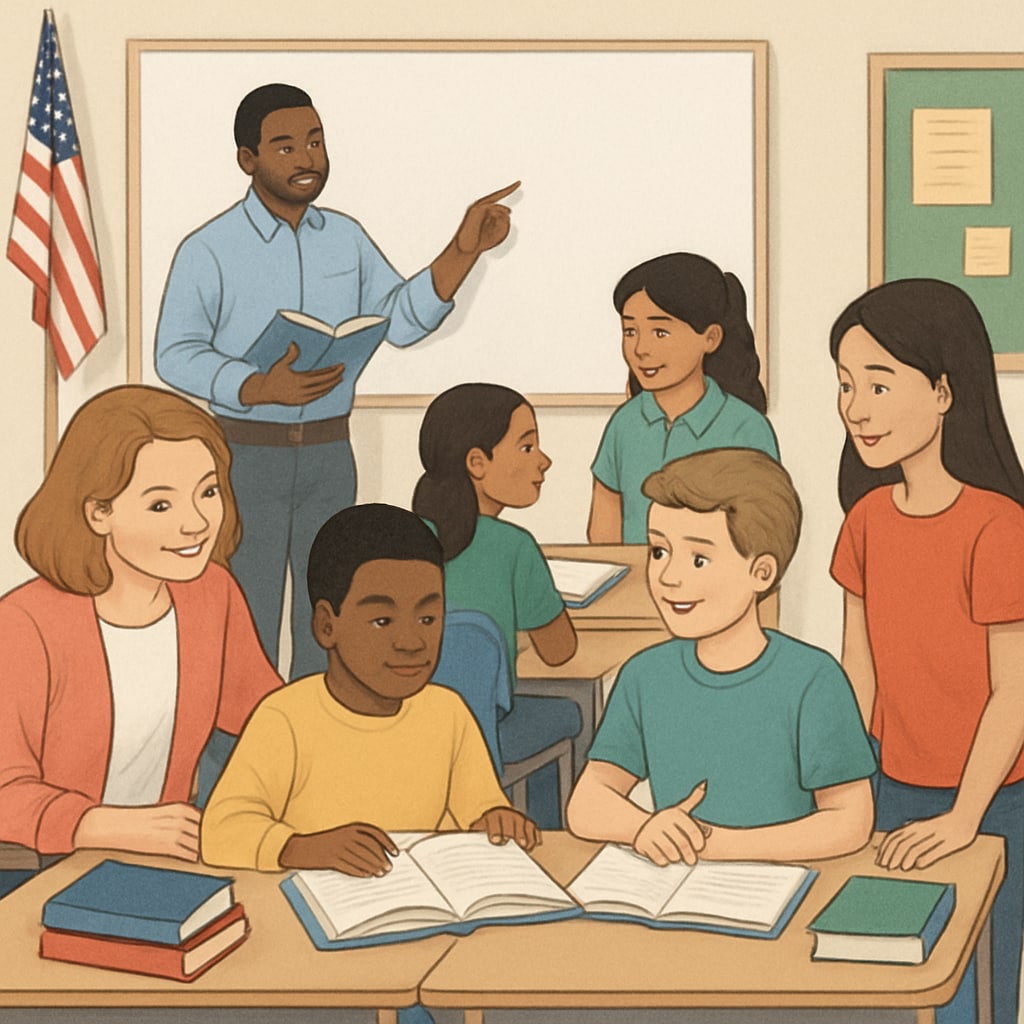 A classroom setting in the US illustrating collaboration among diverse students and teachers. US classroom showcasing diverse students and educators collaborating.