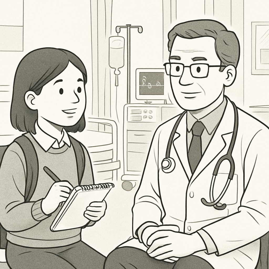 A K12 student interviewing a doctor in a hospital setting, highlighting interaction between youth and professionals. A student conducting a medical career interview with a physician.