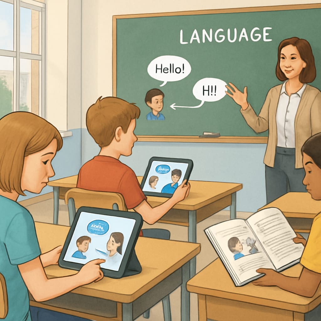 A modern classroom with students using tablets for language learning activities, contrasting with the traditional textbooks of the past. Students using tablets for language learning in a classroom, contrasting with the