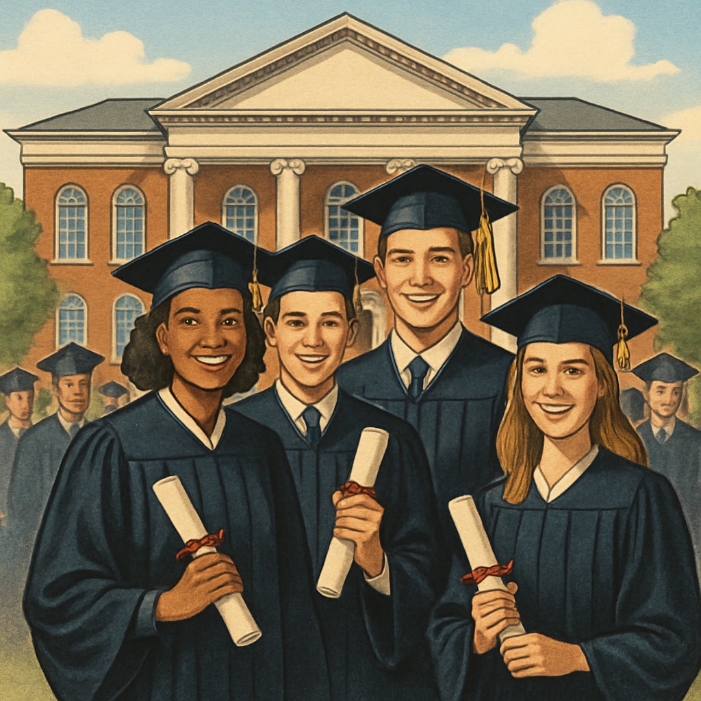 A graduation ceremony at a US university, symbolizing achievement and academic success. Graduation ceremony at a US university with diverse students celebrating.