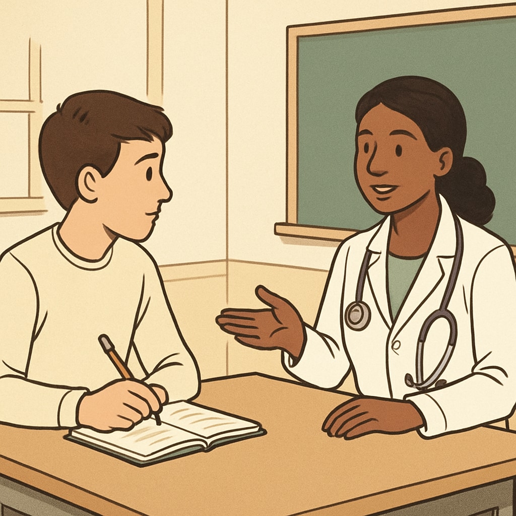 A student taking notes during a career interview with a medical professional, showcasing active learning. A student writing notes during a medical career interview.