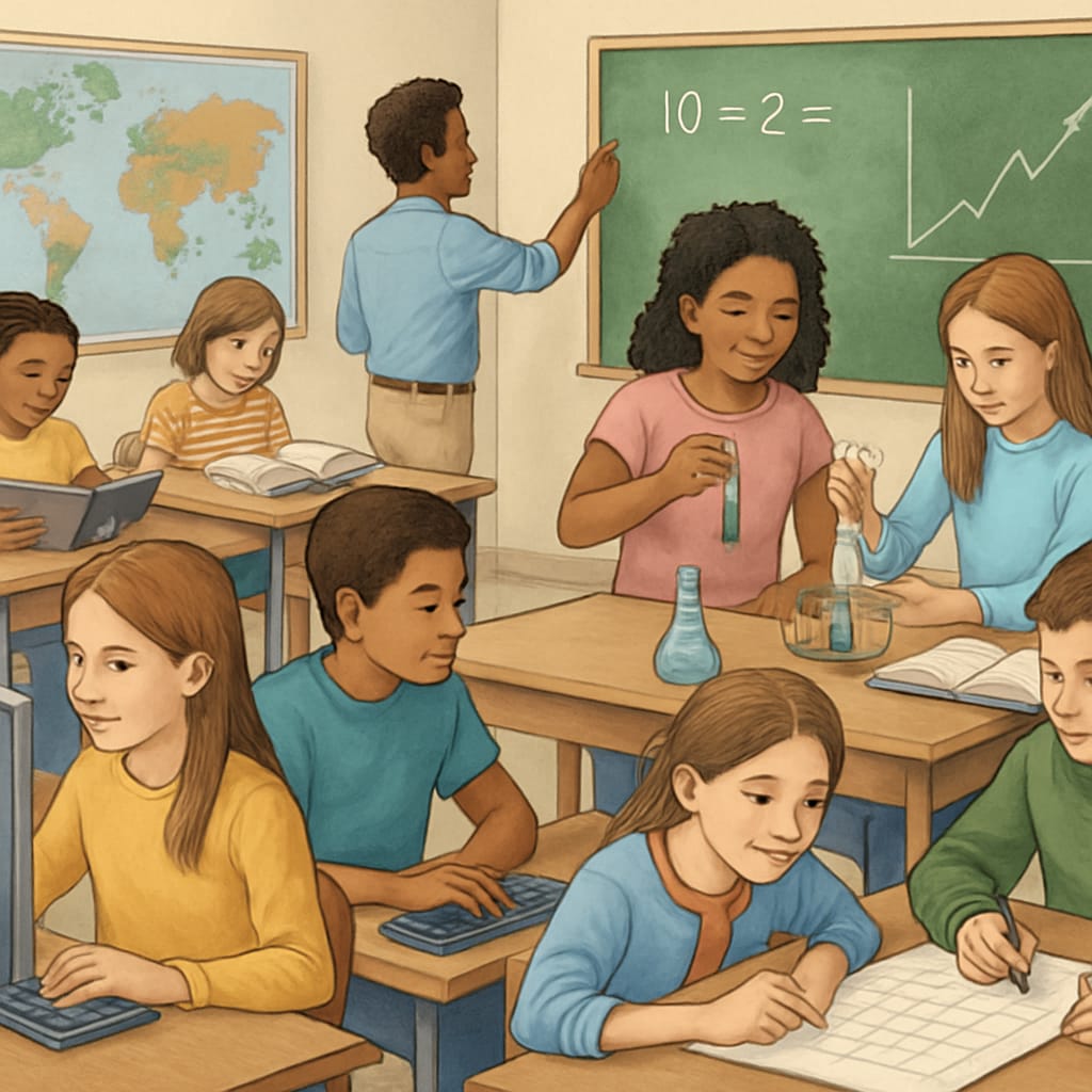 A classroom where students are engaging in technical and traditional academic activities together, illustrating integrated learning. Students participating in both technical and academic activities in a balanced classroom setup.
