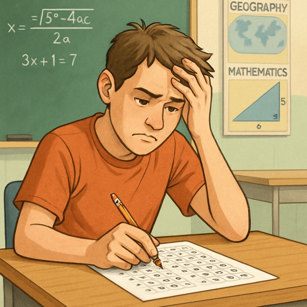 A high school student looking stressed while attempting a math multiple-choice test. The image should depict exam pressure in a relatable way. High school student stressed during a math test.
