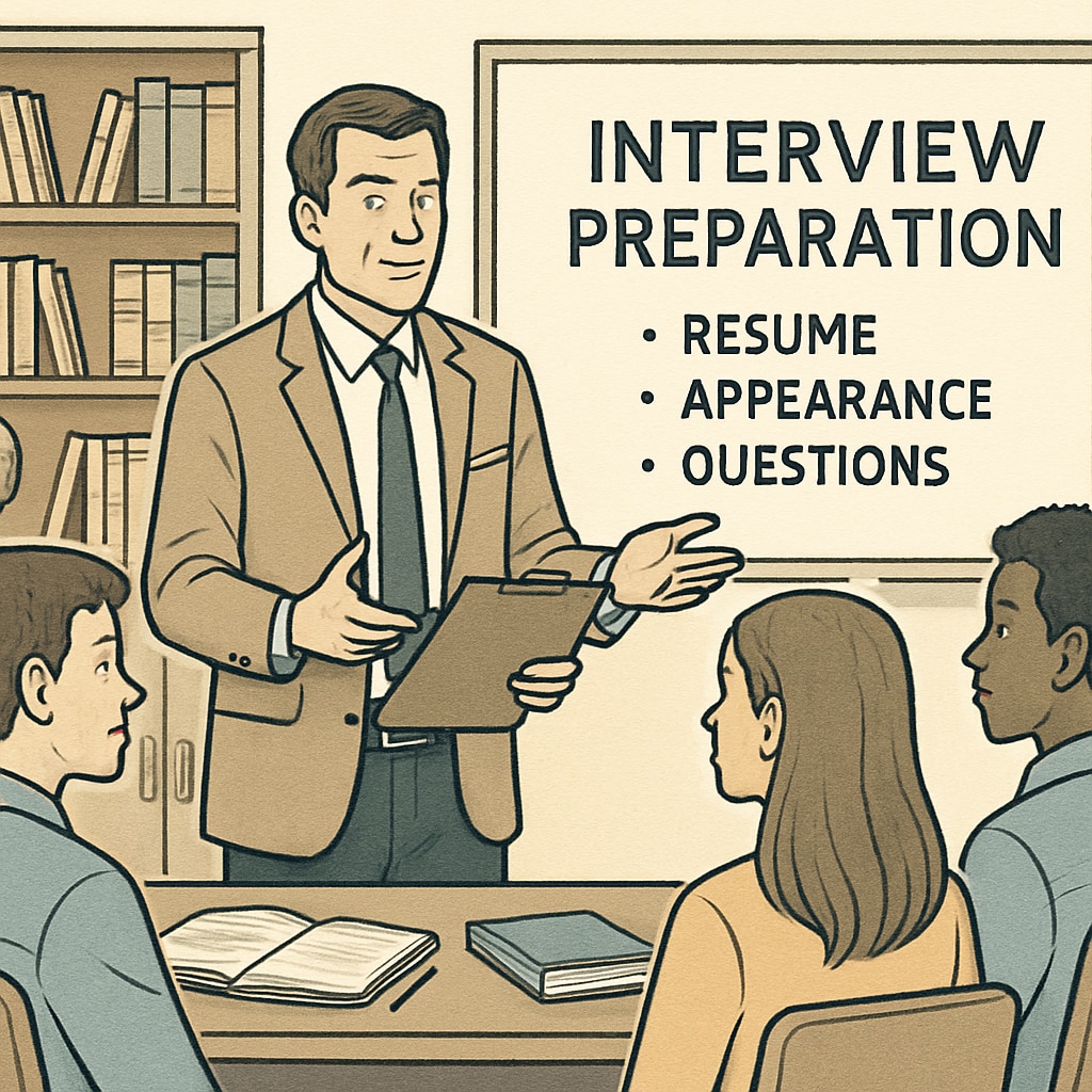 Students preparing for medical interviews with guidance from a mentor.