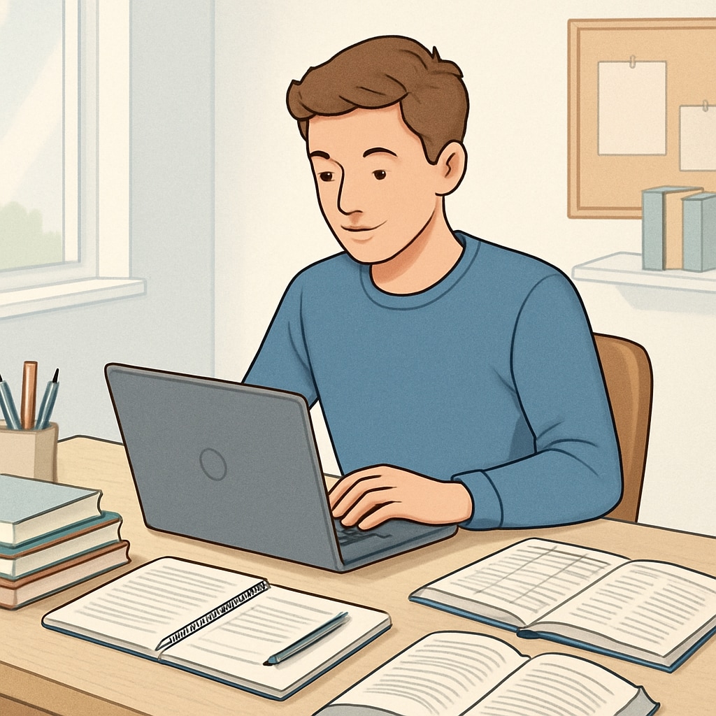 A student working on a laptop at home, surrounded by books and a planner to represent ADHD-friendly study strategies. ADHD-friendly study setup with a laptop, books, and planner.