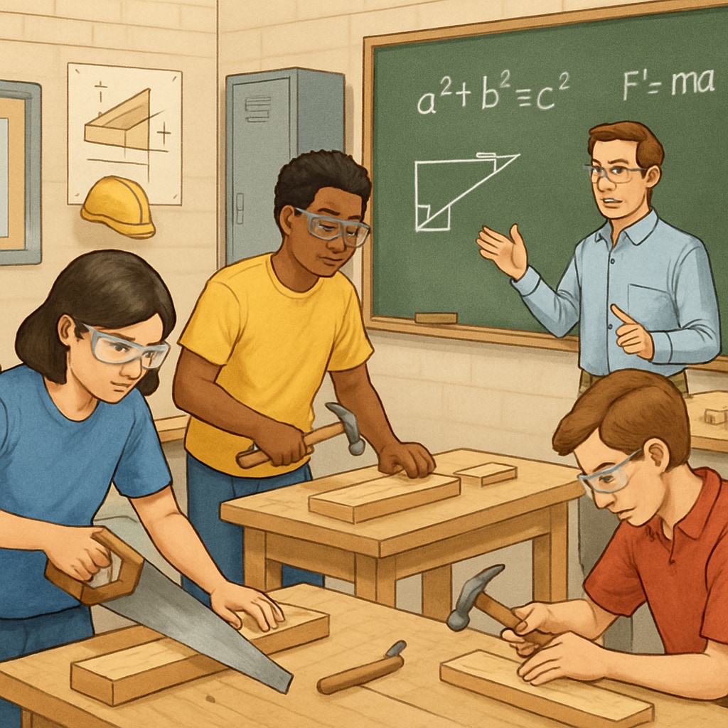 A high school workshop where students are learning carpentry alongside math and physics application, showing the real-world benefits of integrated CTE and academic education. High school students applying physics concepts while working on carpentry projects in a workshop.