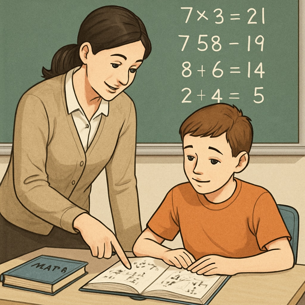 A teacher guiding a student in solving math problems to overcome anxiety. The image should represent supportive learning environments. Teacher assisting student with math problems to reduce anxiety.