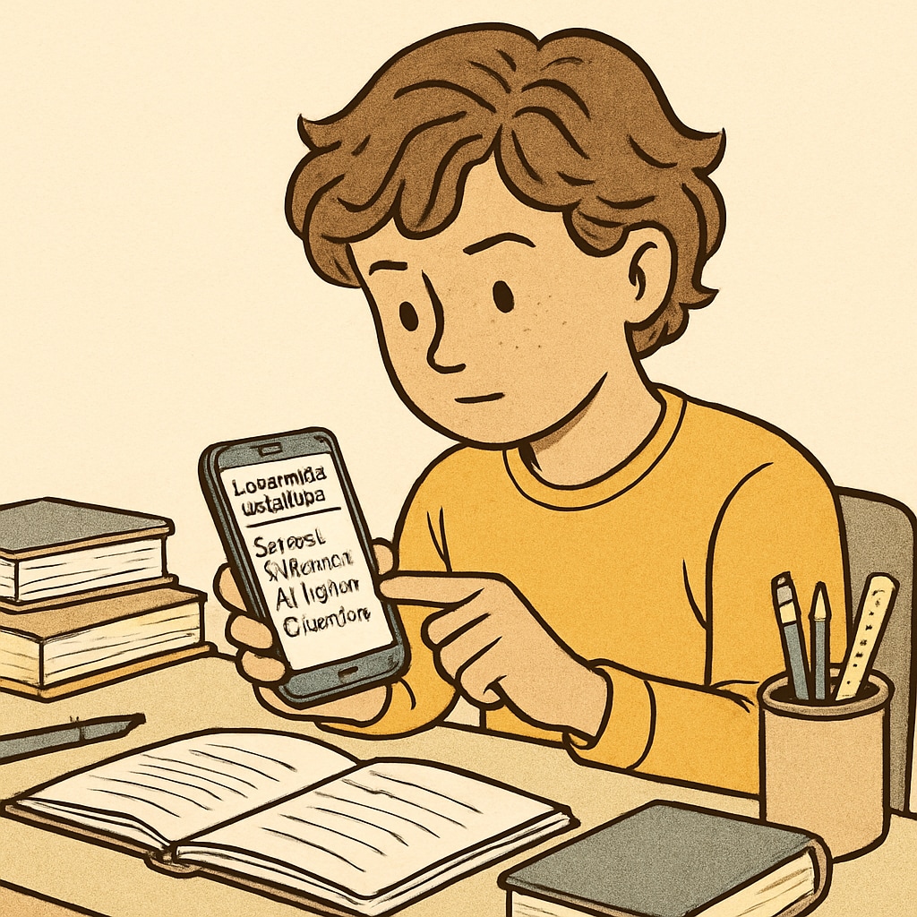 A focused student using a smartphone app to organize their homework schedule, illustrating the use of digital tools for ADHD management. Student using a smartphone app for ADHD-friendly time management.