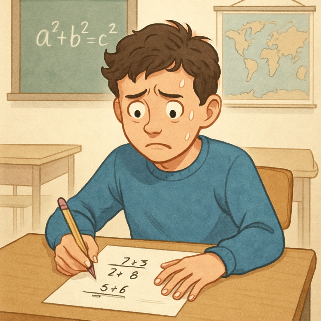 A student sitting at a desk appearing anxious while taking a math exam. Student experiencing math exam anxiety during a test.