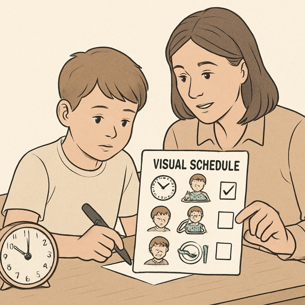 A child practicing time management with a visual schedule, supported by their parent. Child using a visual schedule to enhance executive function skills, with parental support.