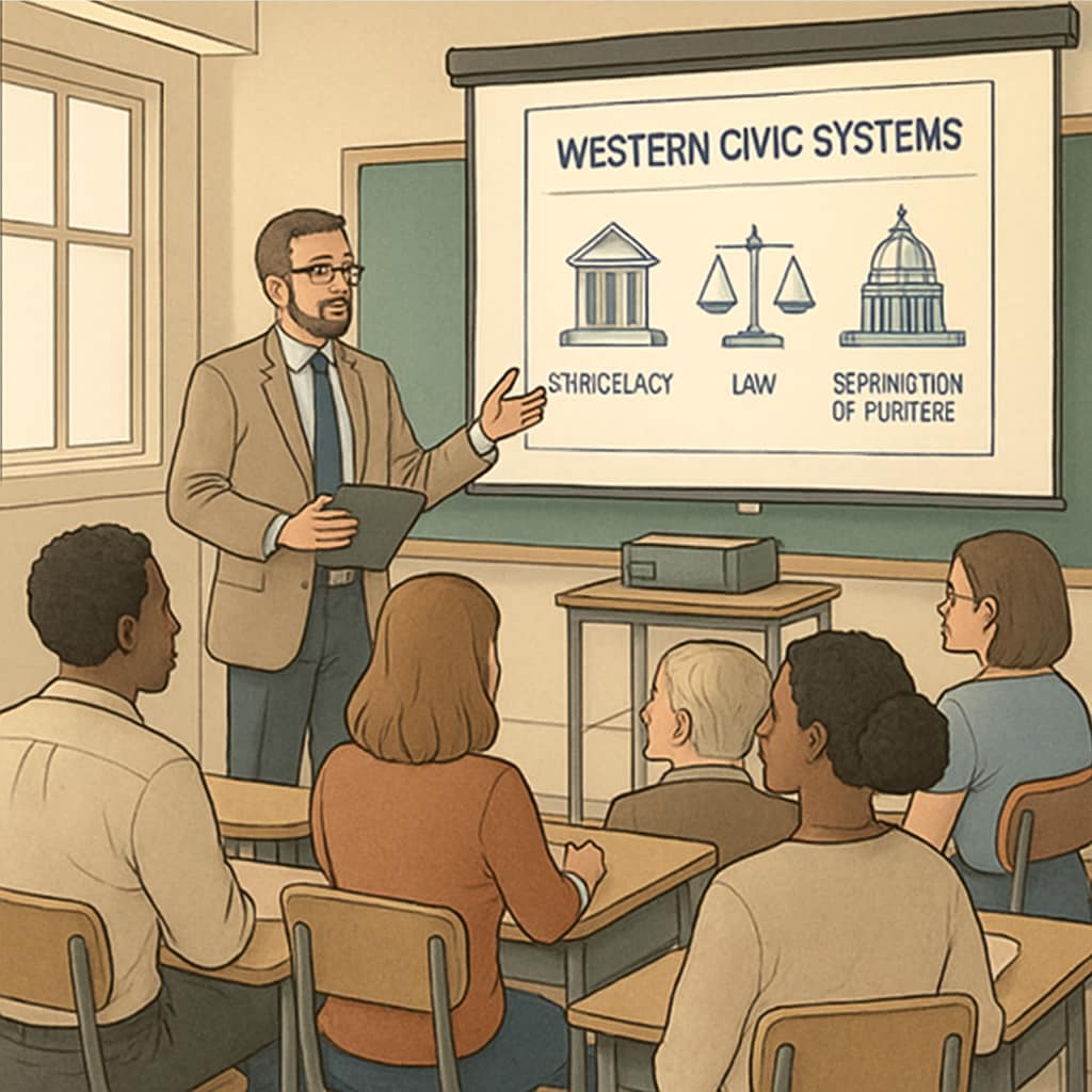 An adult education classroom with a teacher explaining Western civic systems using a projector. Teacher explaining Western civic systems in an adult education class.