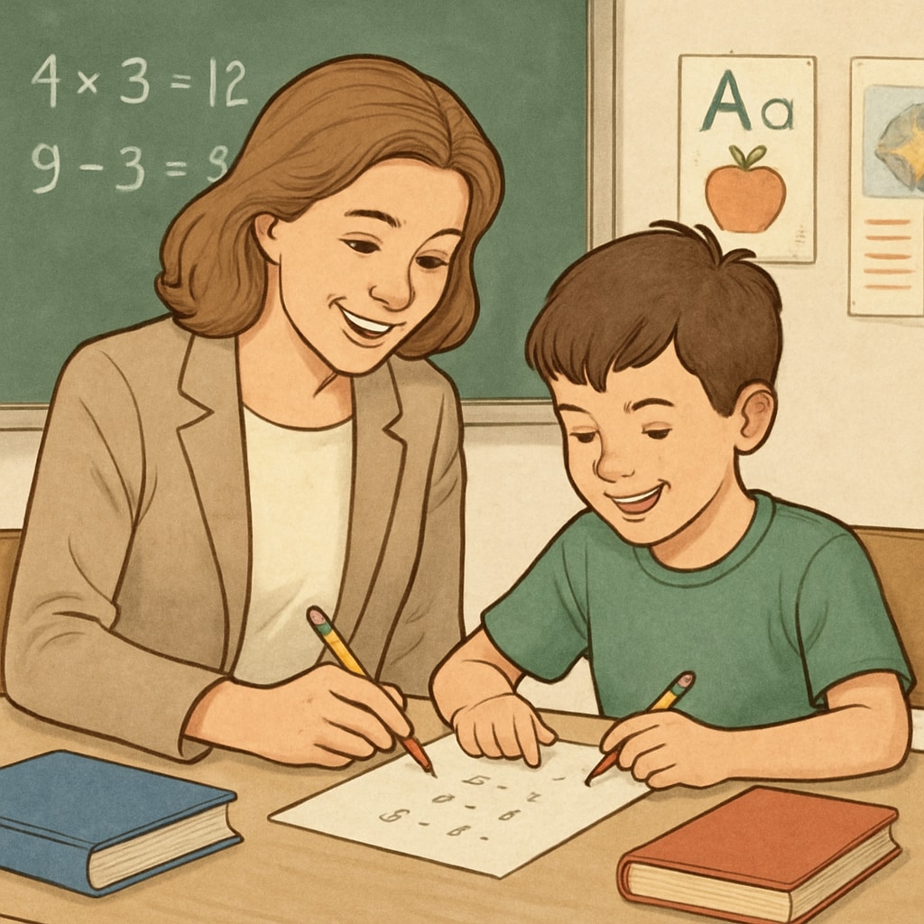 A teacher helping a student practice math problems to build confidence. Teacher guiding a student in overcoming math anxiety through practice.