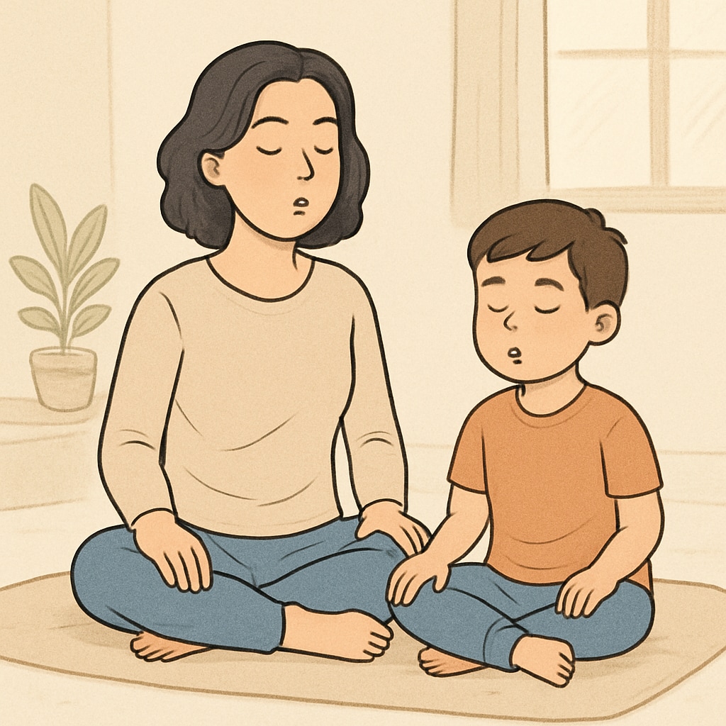 A parent and child engaging in a mindfulness activity, such as deep breathing exercises. Parent and child practicing emotional regulation techniques to support executive function.