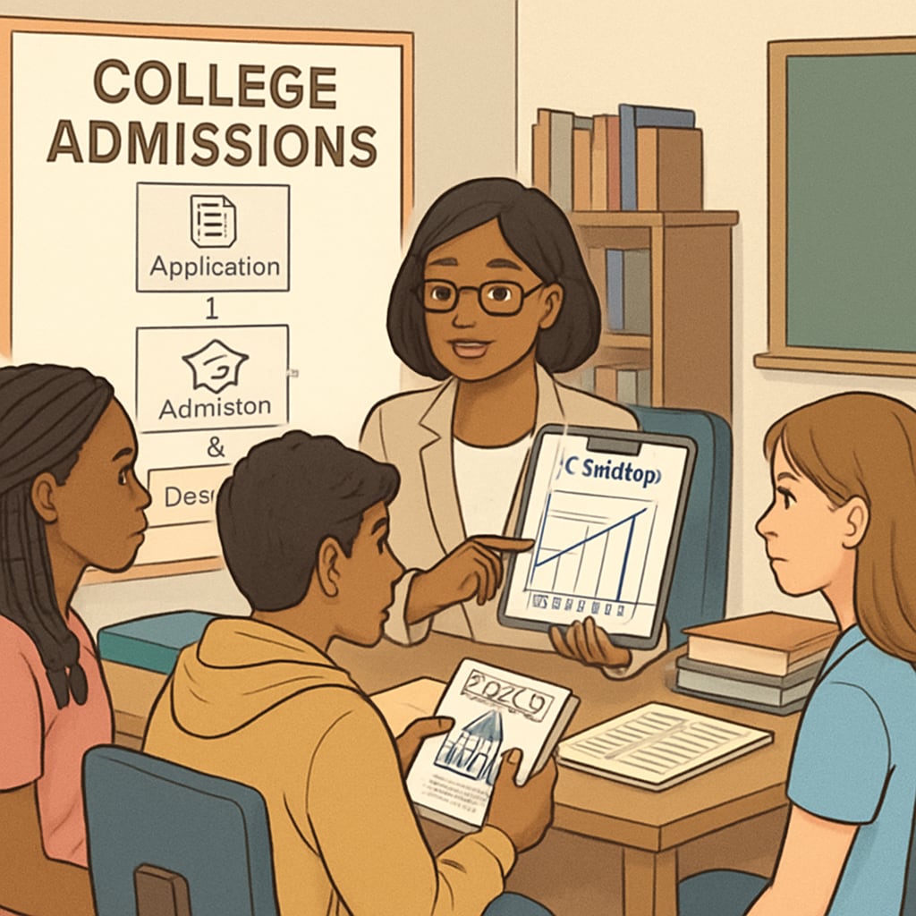 A high school counselor guiding students through the college admissions process, highlighting the need for individualized support due to UC San Diego's increased enrollment. High school counselor assisting students with college applications tied to UC San Diego’s expansion plan.