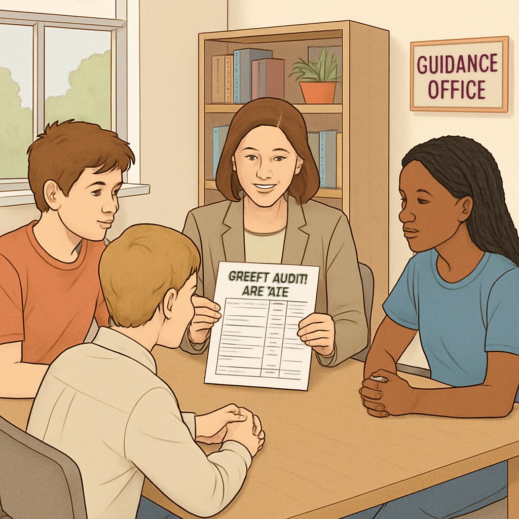 Students reviewing a credit audit report with a counselor at a high school guidance office. High school students discussing credit recovery options with a counselor.