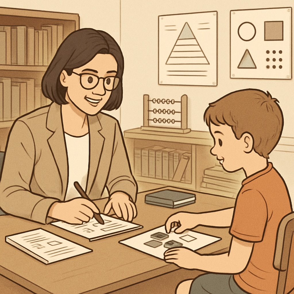 A professional psychologist conducting a talent assessment with a child, focusing on cognitive abilities. Psychologist conducting cognitive talent assessment with a child.