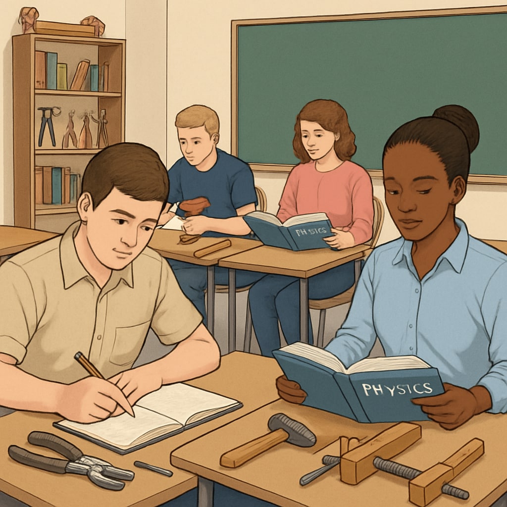 A classroom with students learning both technical and academic subjects, showcasing vocational tools and textbooks side by side. Students engaged in vocational education and traditional academics in a balanced learning environment.
