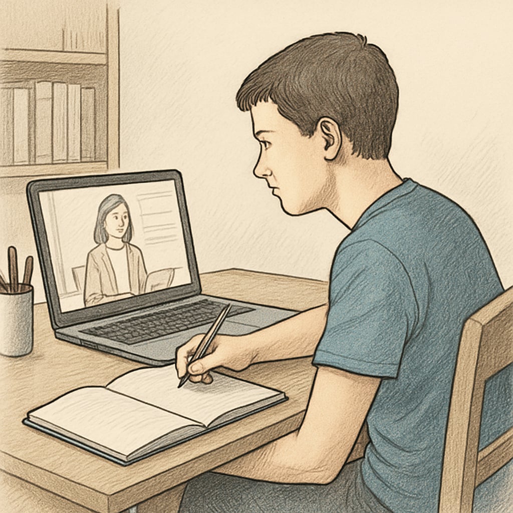 A student taking an online class on a laptop, focusing on credit recovery coursework. High school student engaged in online credit recovery program.