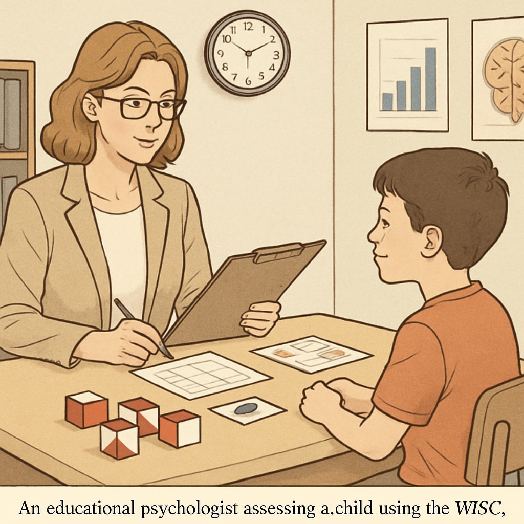 An educational psychologist evaluating a child using the WISC test in a controlled environment. WISC test evaluation with child and psychologist.
