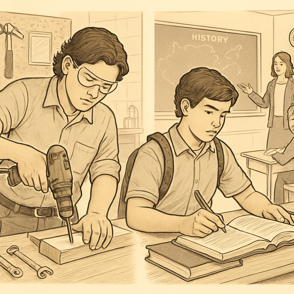 A dual-enrollment student studying in a workshop and a classroom environment, representing the blend of vocational and academic education. A student participating in both vocational training and traditional academic studies.