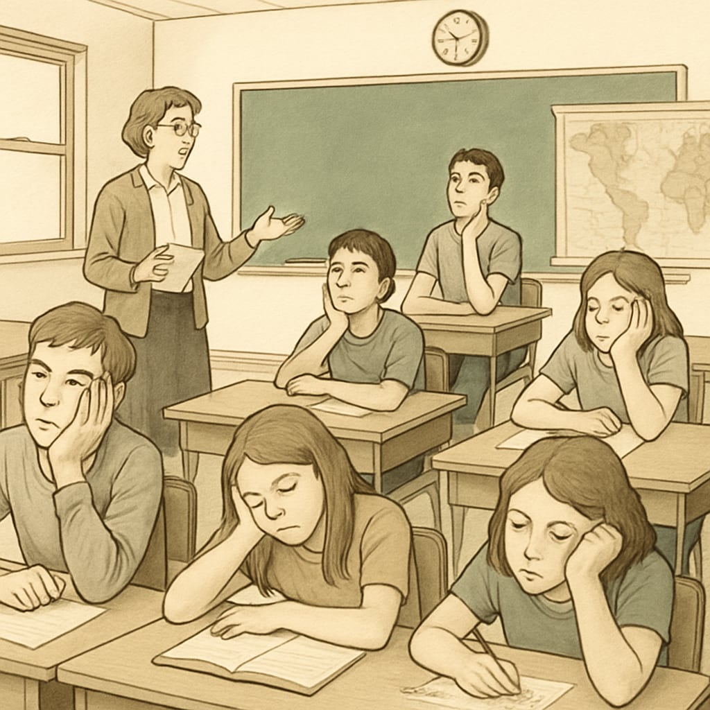 A classroom with disengaged students showing clear signs of boredom, representing the global issue of boredom in K12 education. Students appearing disengaged in a classroom, illustrating global boredom in education.