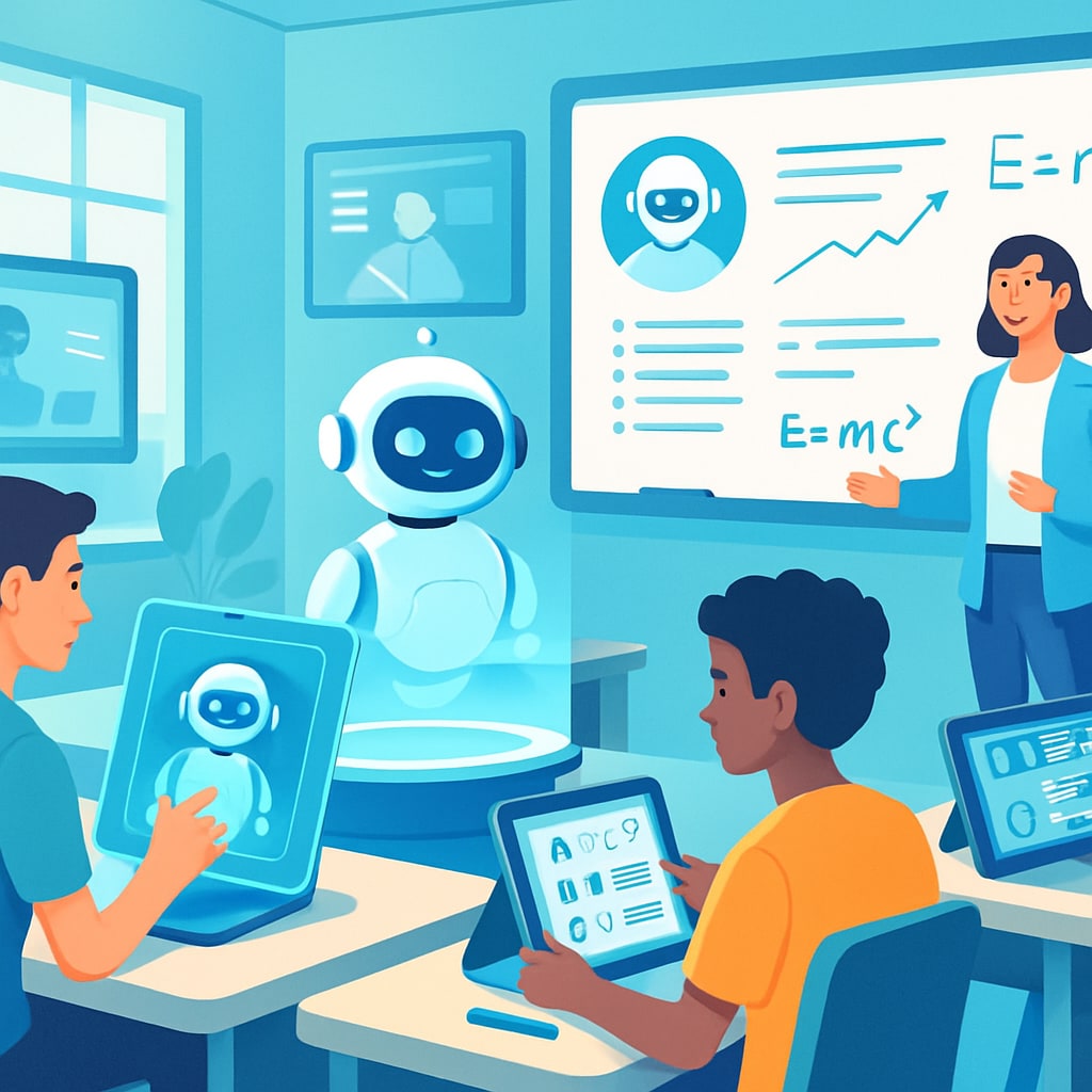 A futuristic classroom featuring AI-powered tools assisting students and teachers, symbolizing personalized learning and technology integration. Futuristic classroom showcasing AI in education, personalized learning, and technology integration.