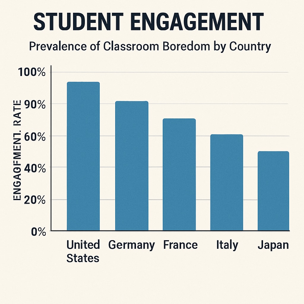 A comparative graph showing student engagement rates across different countries, illustrating the widespread nature of classroom boredom. Graph comparing student engagement globally, highlighting the issue of classroom boredom.