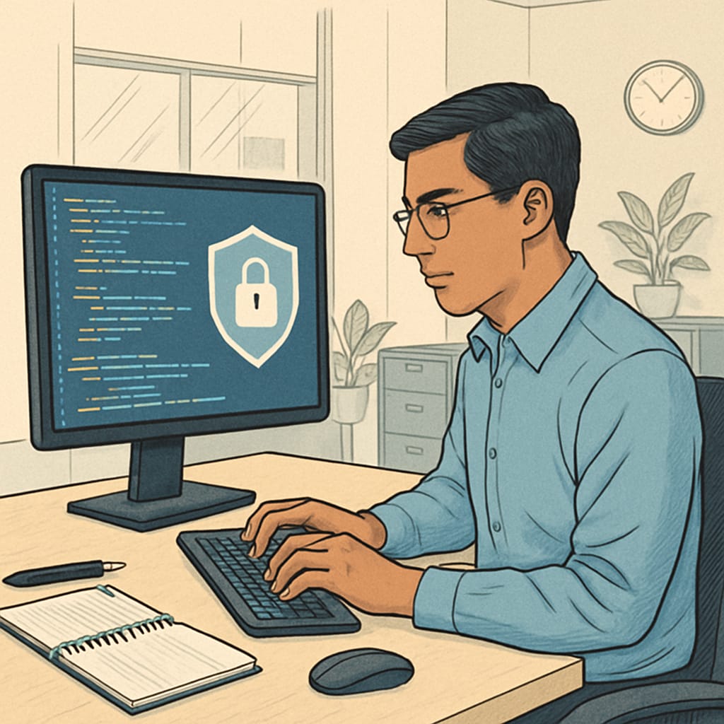 A professional cybersecurity analyst working on code in a modern office environment, illustrating the technical skills required for the job. Cybersecurity analyst working on code