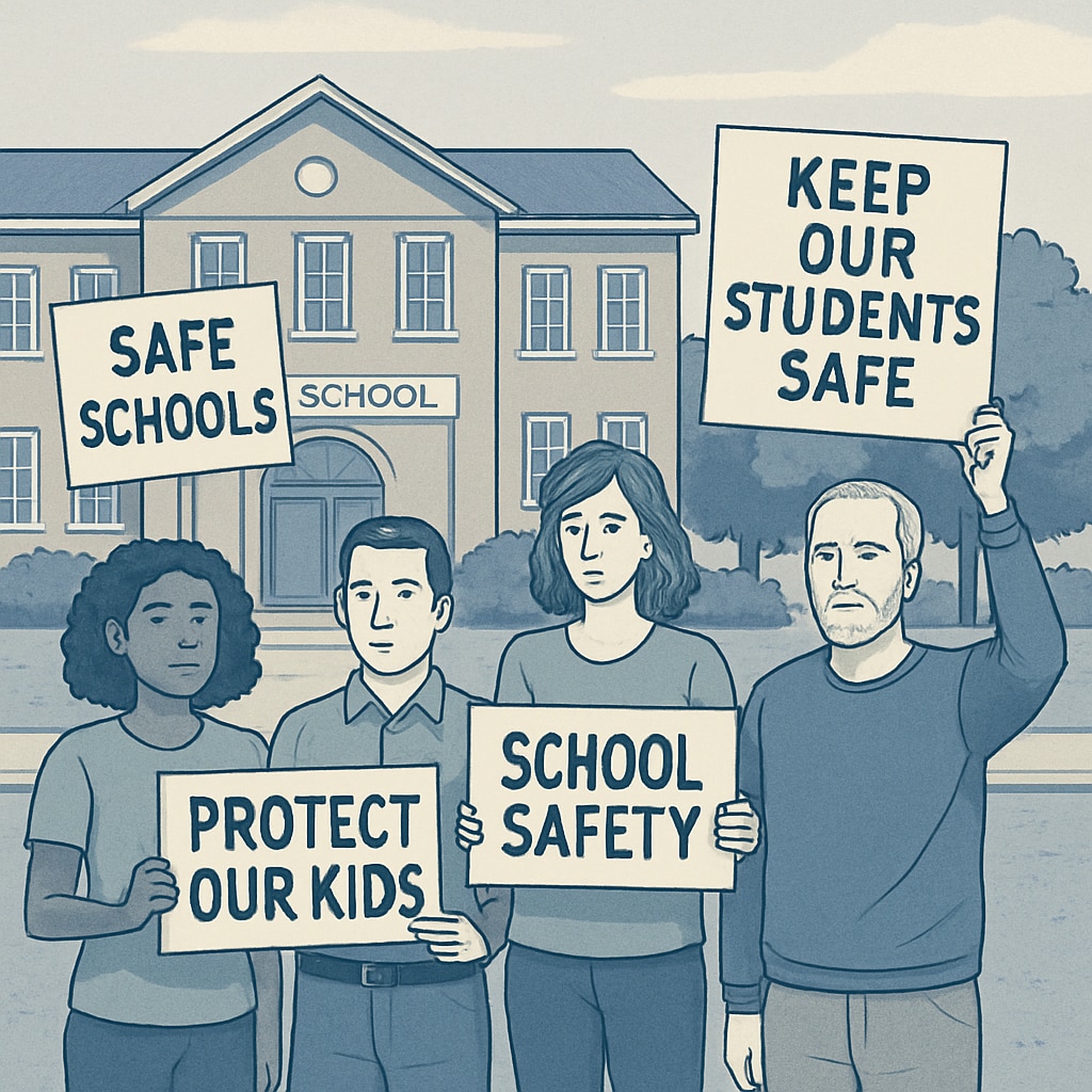 Protesters holding signs outside a school board meeting, symbolizing community concerns over school safety. Community protests against school board member with violent criminal history.