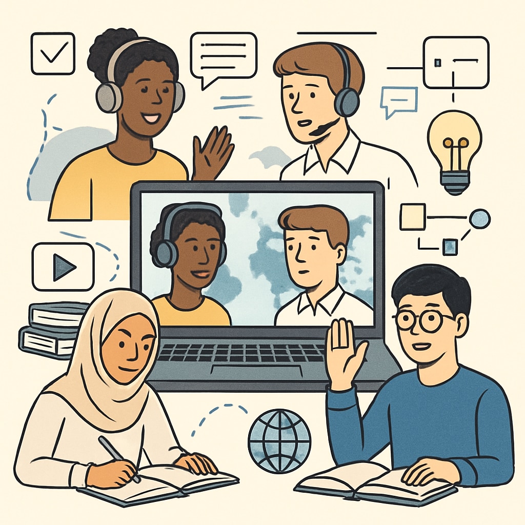 A diverse group of students participating in a virtual classroom via online collaboration tools, representing globalized education. Virtual classroom image highlighting global collaboration and education trends.