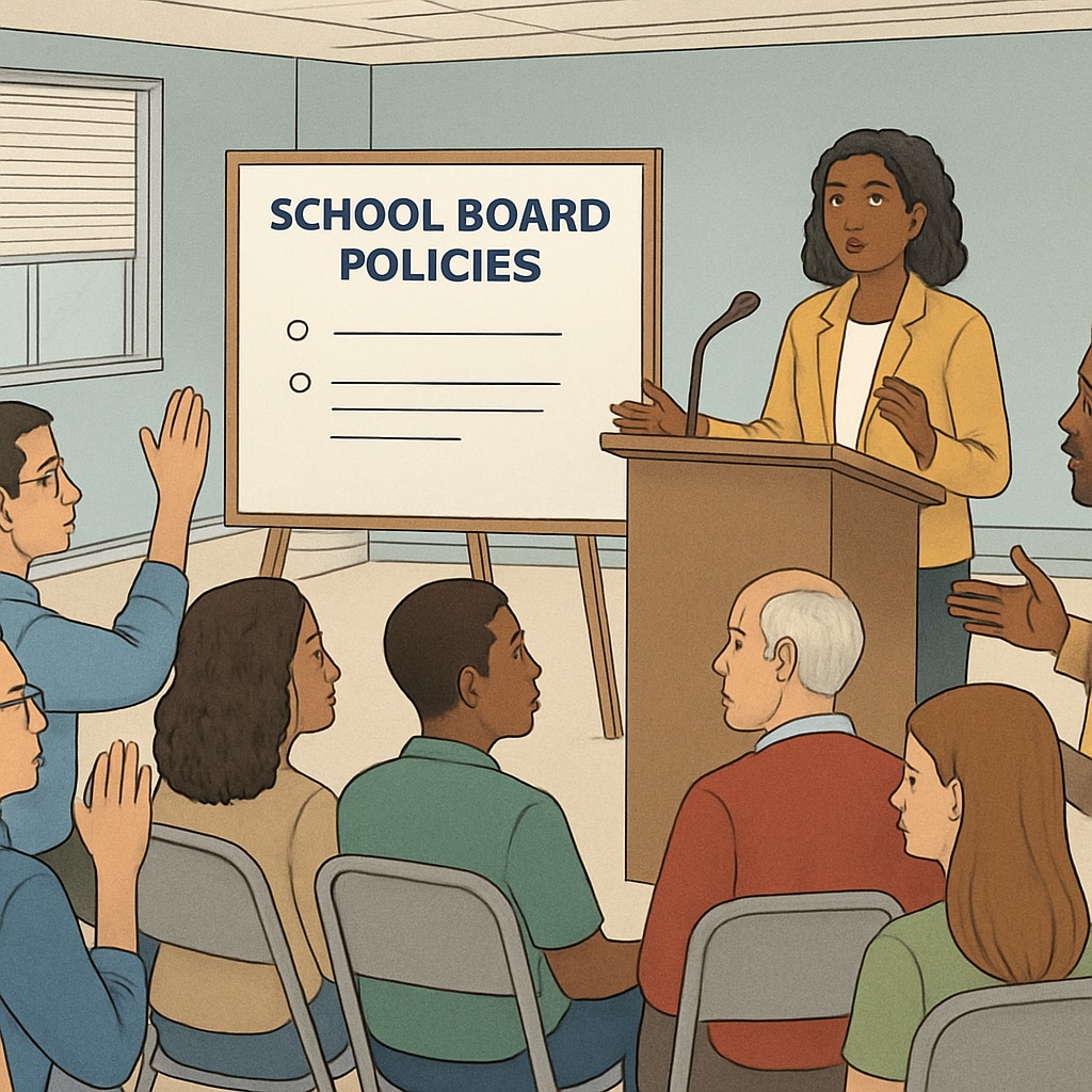 A community town hall discussing school board policies, showing active citizen participation. Parents and teachers debating school board member qualifications at a town hall.