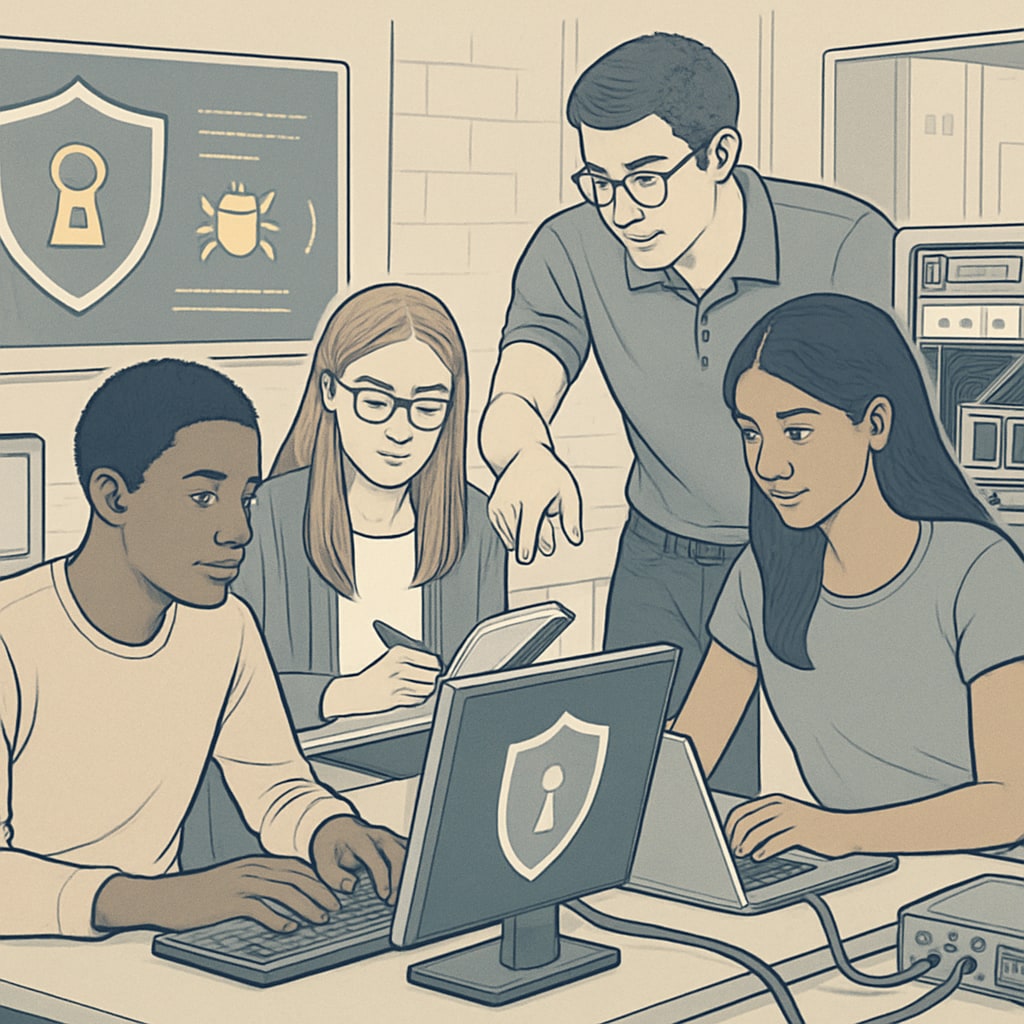 A group of students collaborating on cybersecurity projects in a university lab, showcasing the importance of hands-on experience in learning. Students working on cybersecurity in a lab