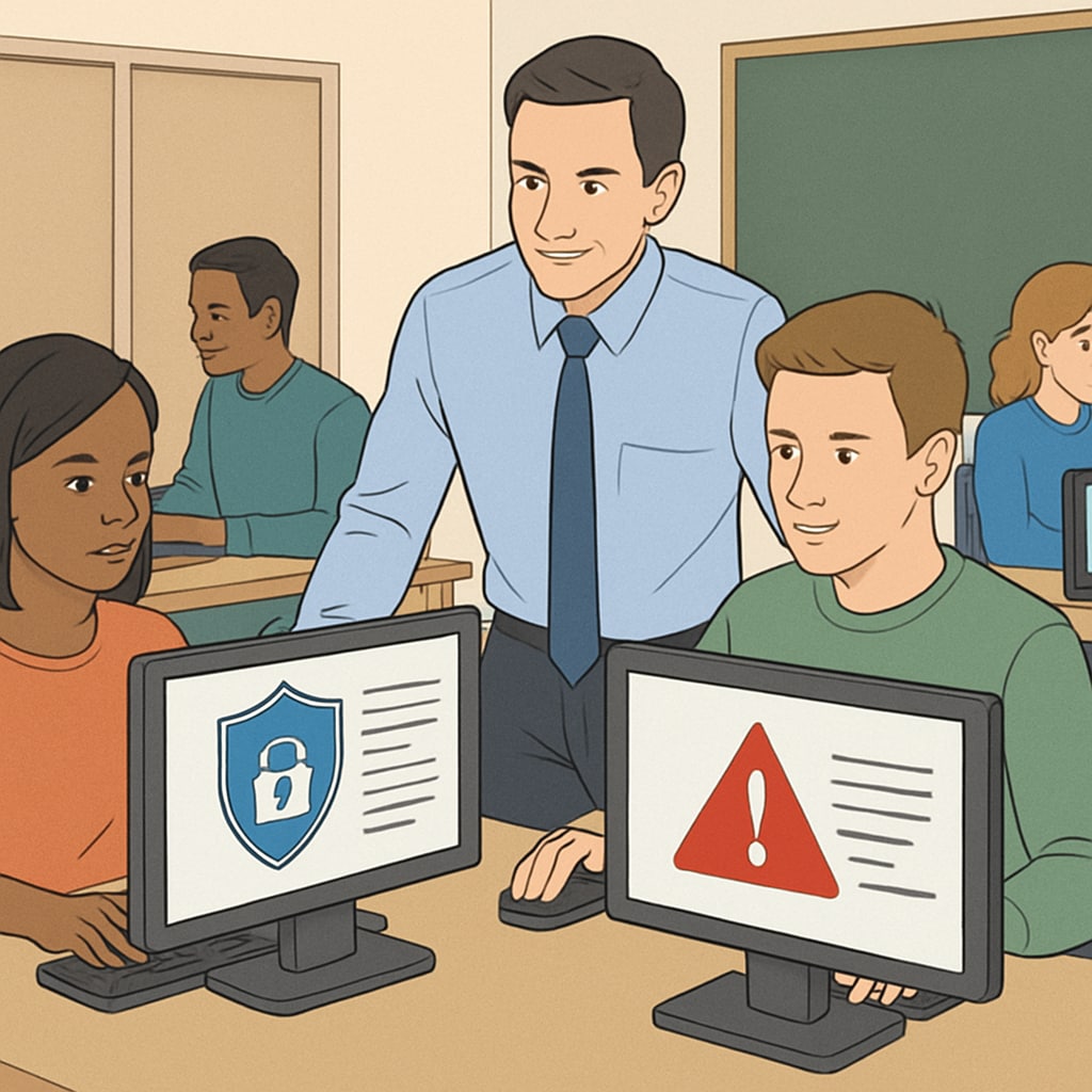 A classroom setting with students working on cybersecurity tasks, highlighting the blend of technical skills and education. Students in a classroom working on cybersecurity tasks, representing the importance of skills and education.