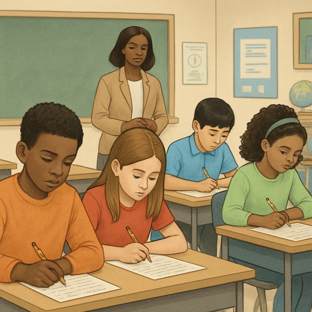 Diverse students taking standardized tests in a classroom setting.