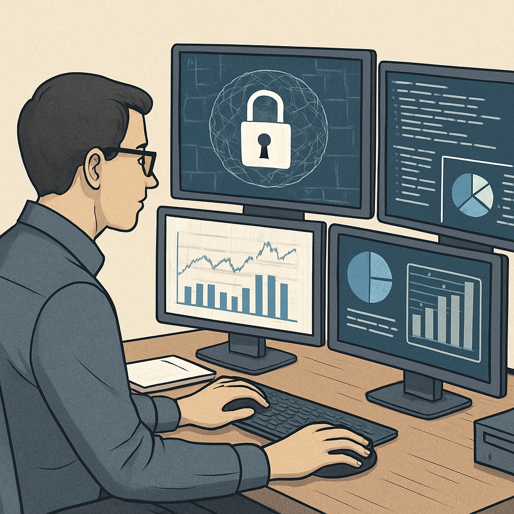 A cybersecurity professional working on a multi-screen setup, analyzing data. A cybersecurity professional analyzing data on multiple screens, emphasizing technical expertise.