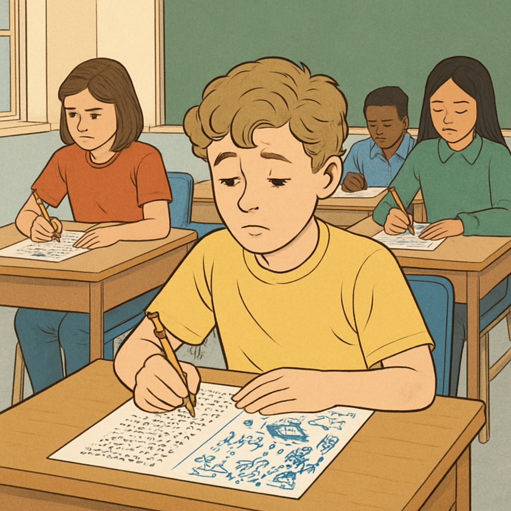 A classroom setting showing students taking a standardized test, with one student visibly distracted yet showing potential through creative doodles on their test paper. Classroom with students taking a standardized test, highlighting creative ADHD student potential.