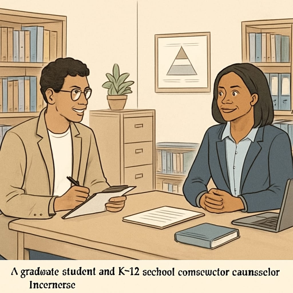 A graduate student interviewing a K12 school counselor in a professional setting in a school office. The image emphasizes collaboration and academic research. Graduate student discussing research with a K12 school counselor during an interview.