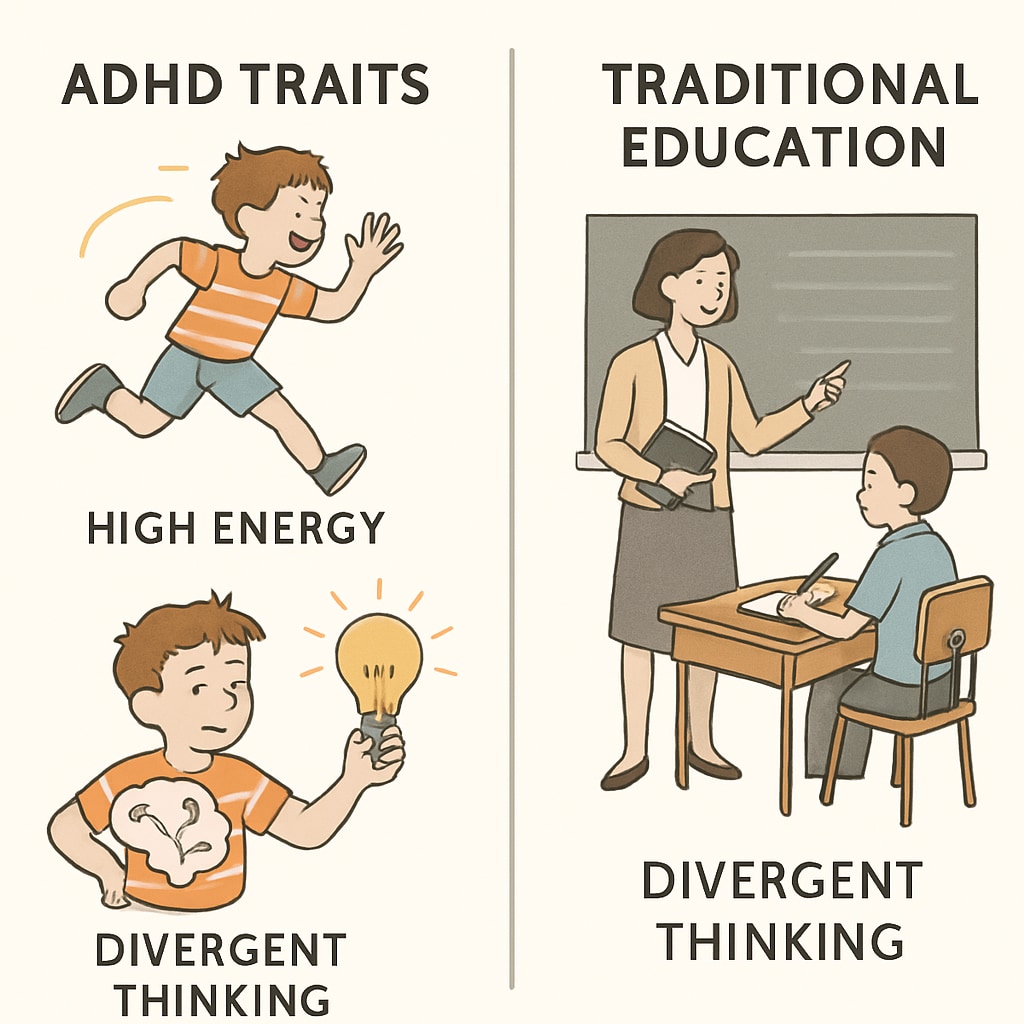 Representation of ADHD strengths, such as creativity and energy, compared to traditional classroom norms.