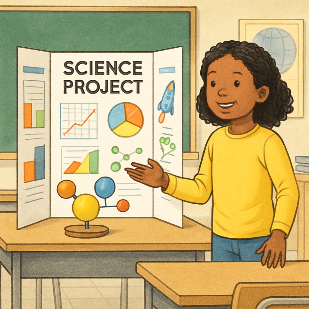 A child presenting a creative science project in a classroom, demonstrating innovative thinking despite struggling with focus during group activities. ADHD student presenting a science project, showcasing creativity despite attention challenges.
