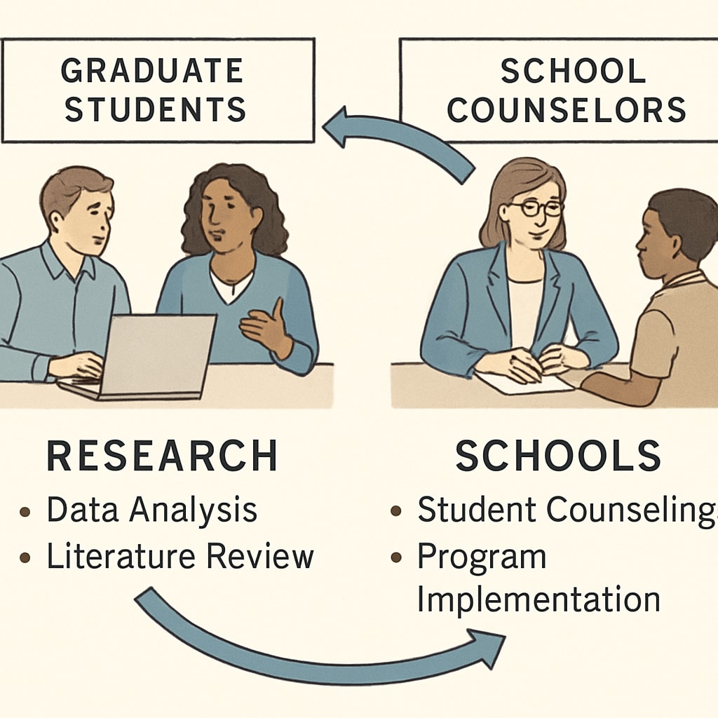 A visual representation of collaboration between graduate students and school counselors, such as a diagram connecting research activities to practical applications in schools. Diagram showing connections between graduate student research and K12 school counselor practices.
