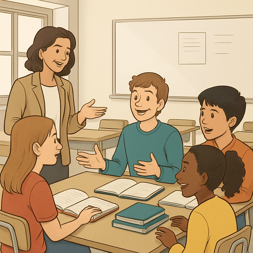 A classroom setting where students engage in interactive group discussions, representing alternative assessment methods in action. Students discussing projects in a classroom as part of dynamic assessment practices.