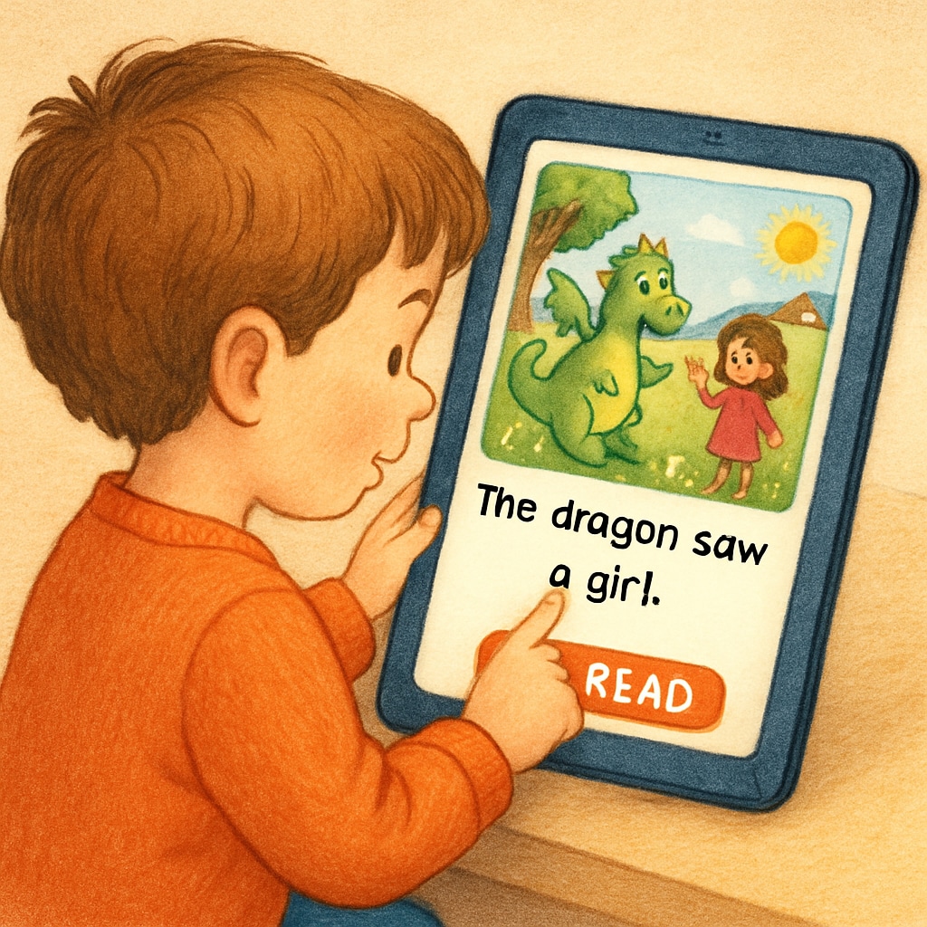 A child using an educational reading app on a tablet, with colorful story illustrations displayed on the screen. Child using a children's reading app on Android to explore interactive stories.