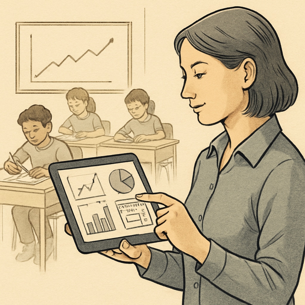 A teacher using a tablet to track and analyze student performance, highlighting the use of real-time tracking tools. Teacher analyzing student progress on a tablet using real-time tracking technology.