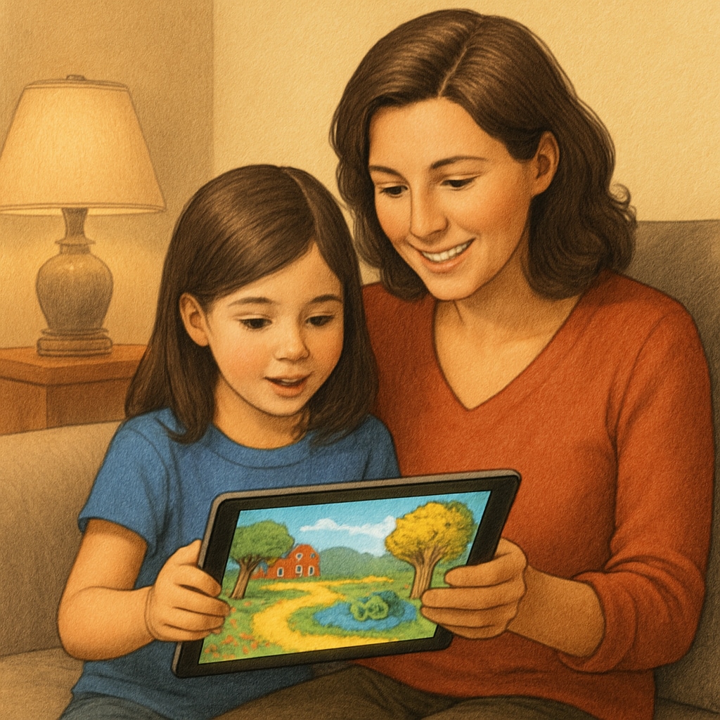 A parent and child sitting together, exploring a reading app on a tablet. The screen shows an interactive story with vibrant illustrations. Parent and child using an Android reading app to enjoy interactive children's stories.