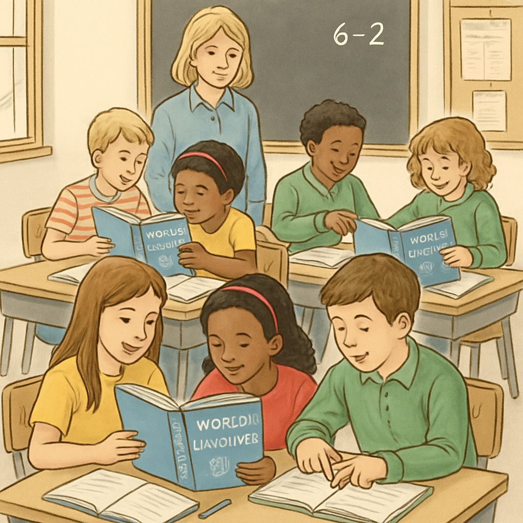A classroom setting where children are actively using the World of Language textbook during group activities. The image showcases the interactive nature of language learning. Students using the World of Language textbook in a collaborative classroom activity.